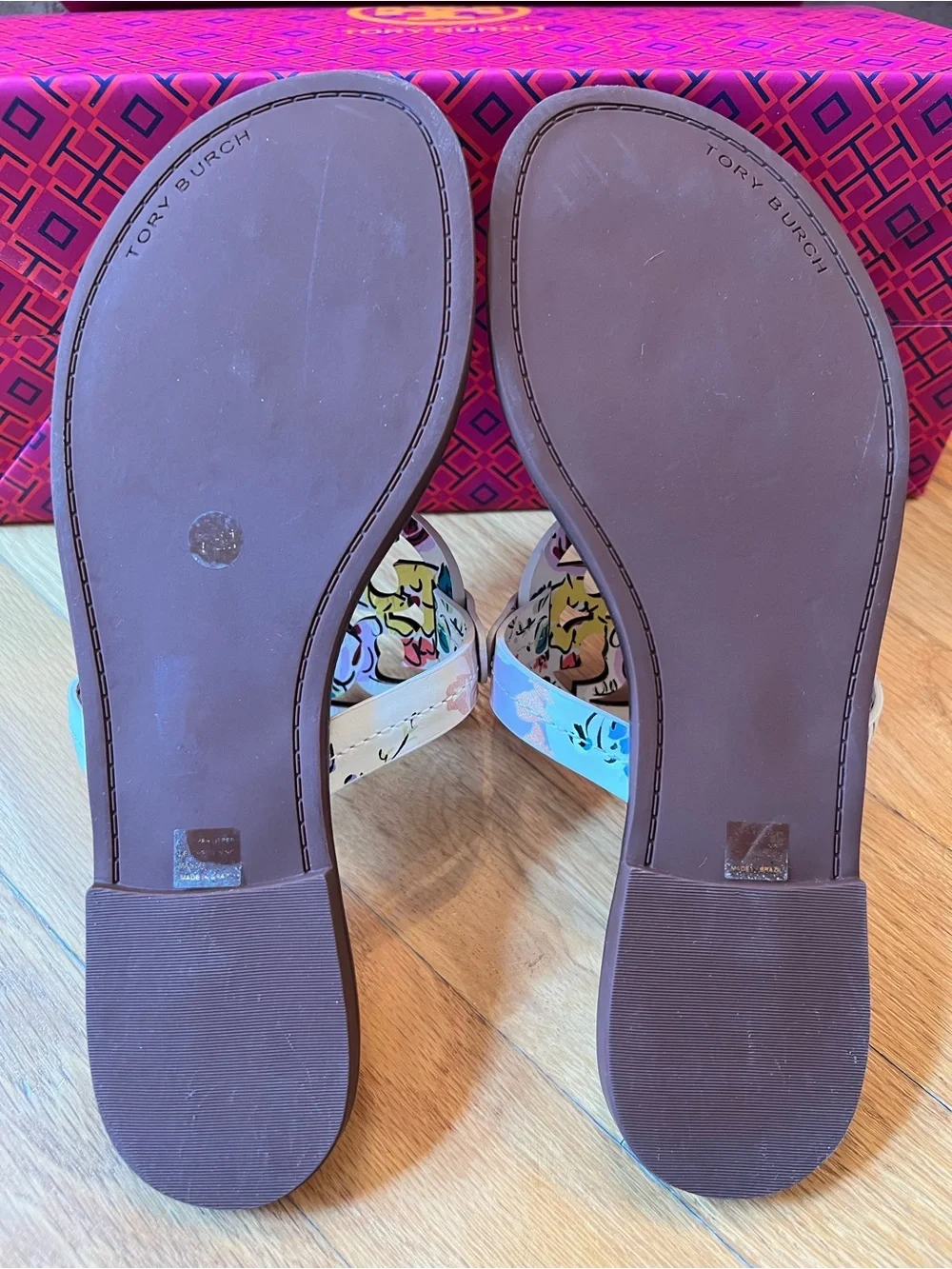 Tory Burch Pink Porcelain Floral Printed Leather Miller Welt Sandals